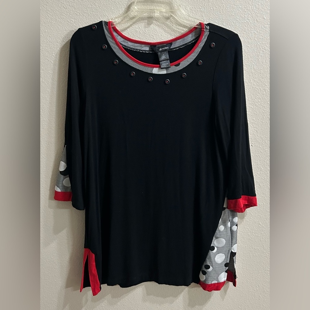 Ali Miles Blouse Sz S Artsy Modern Soft Stretchy Casual Lagenlook Statement Top